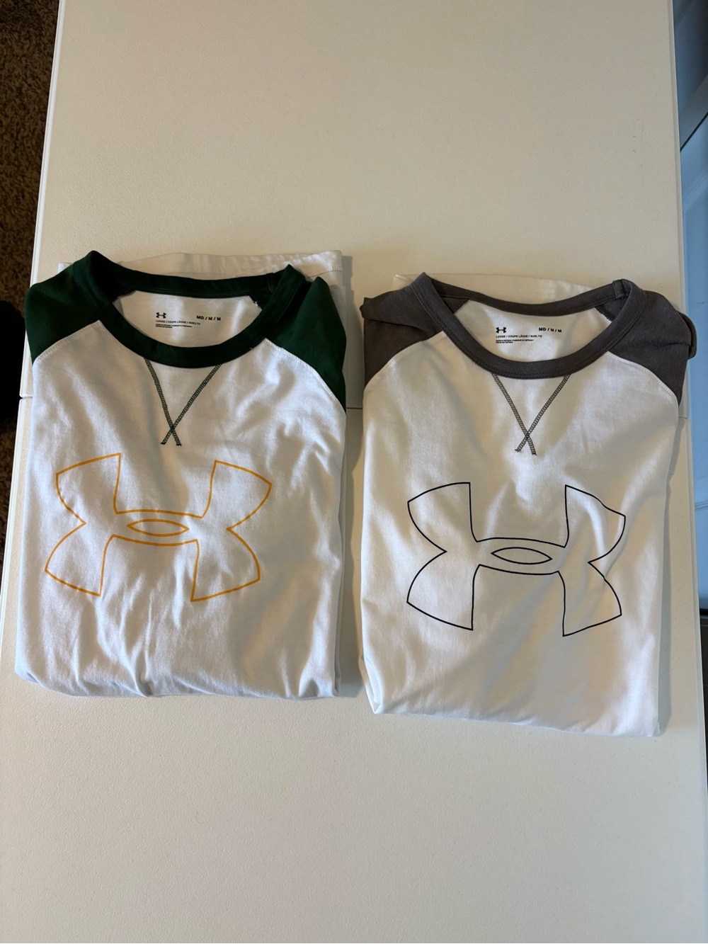 Under Armour Kids' White Short-Sleeve Raglan Tees with Green and Gray Trim